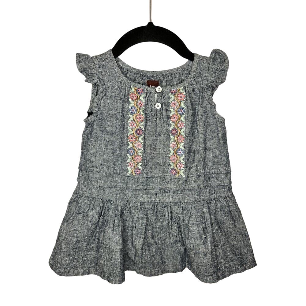 Tea Collection Baby Dress, Chambray Blue Linen Cotton, Floral Embroidered Ruffle